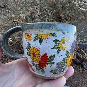 Mulit Color Floral Art Mug Handmade Pottery